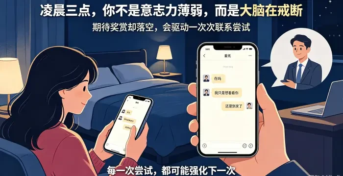 **控制不住想联系的戒断反应咨询场景图** 呈现委托方深夜反复编辑消息、手指悬在发送键上的状态,说明这是大脑期待奖赏却落空导致的戒断反应,并非单纯意志力薄弱。