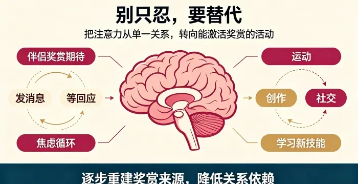 1. **奖赏替代系统信息图** 用大脑奖赏来源迁移说明将注意力转向运动、创作、社交、学习等活动,通过多元奖赏来源降低对单一关系的依赖。 2.