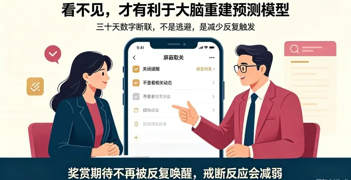 **数字断联期咨询场景图** 展示顾问指导委托方屏蔽取关、关闭提醒、减少相关动态触发,强调三十天数字断联有助于大脑重建预测模型。