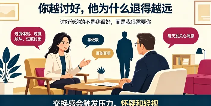 **讨好行为触发反向防御咨询场景图** 呈现亚裔女性委托方在顾问帮助下识别过度体贴、顺从和付出行为,说明讨好会传递 “我很需要你”,触发对方压力、怀疑与轻视。
