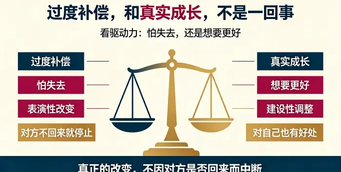**过度补偿与真实成长区别信息图** 用天平对比过度补偿(怕失去、表演性改变)与真实成长(想要更好、建设性调整),强调真正的改变不因对方是否回来而中断。