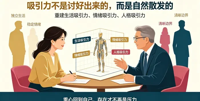 **吸引力重建三维模型咨询场景图** 展示顾问协助亚裔女性重建生活吸引力、情绪吸引力和人格吸引力,说明重心回到自己后,存在才不再是关系压力。