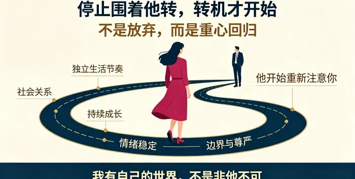 **停止围着他转关系转机信息图** 用女性回归自身轨道、男性重新注意到她的画面,说明 “我有自己的世界” 比讨好更有力量,挽回可能性从重心回归开始。