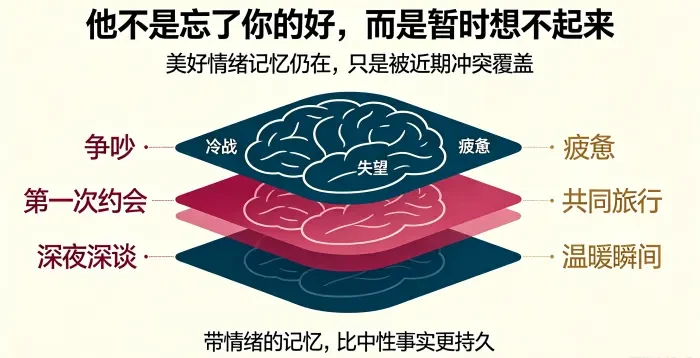 **情绪记忆被负面记忆覆盖信息图** 用大脑记忆层叠说明美好情绪记忆仍被保存,但争吵、冷战、失望等近期负面记忆占据注意力,导致对方暂时想不起你的好。