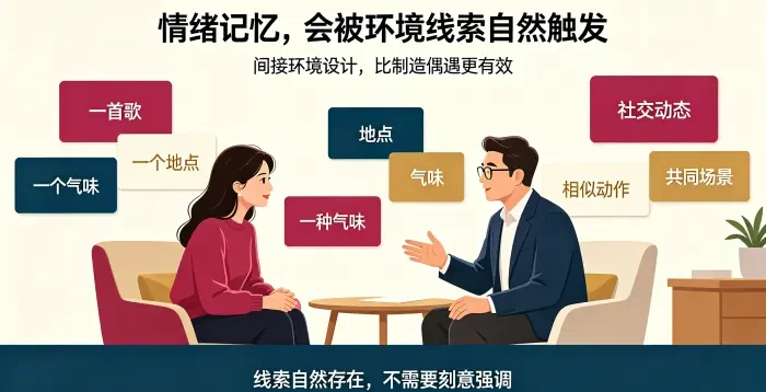 **环境线索激活情绪记忆咨询场景图** 呈现亚裔女性委托方在顾问帮助下识别歌曲、地点、气味、社交动态等触发线索,强调间接自然呈现比制造偶遇更有效。