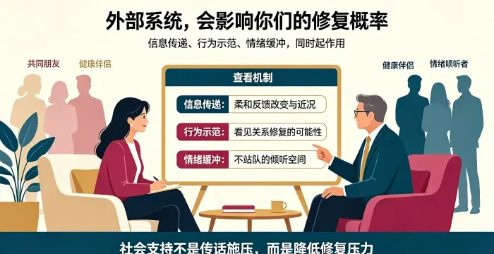 **社会支持系统影响挽回机制咨询场景图** 呈现亚裔女性委托方与顾问分析信息传递、行为示范、情绪缓冲三个机制,说明外部系统通过低压力通道提升修复概率。