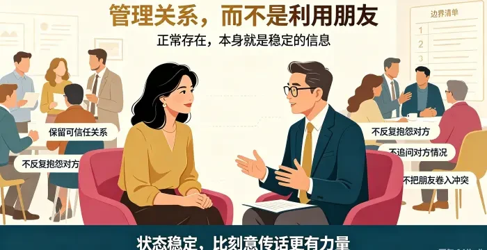 **管理社会支持系统而非操纵咨询场景图** 展示顾问协助亚裔女性建立社交边界,强调正常社交、不抱怨、不追问、不把朋友卷入冲突,以稳定状态传递信息。