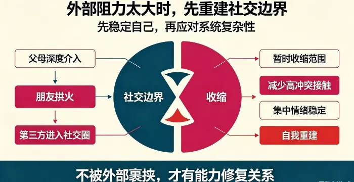 **社会支持系统成为阻力时应对信息图** 用社交边界收缩说明父母介入、朋友拱火、第三方进入等情况,应先减少高冲突接触,稳定情绪与自我重建。