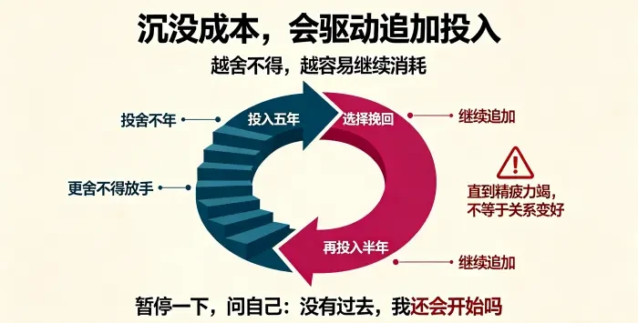 1. **挽回中追加投入陷阱信息图** 用循环阶梯展示过去投入如何驱动继续挽回、再投入、更难放手,强调这可能导致精疲力竭而非关系真正变好。 2.