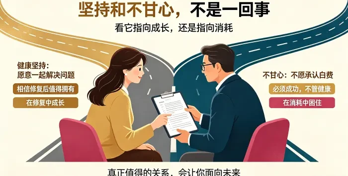 **健康坚持与不甘心区别咨询场景图** 展示顾问协助亚裔女性区分健康坚持(共同解决问题、面向未来成长)与不甘心(不愿承认白费、必须成功),帮助识别真实动机。