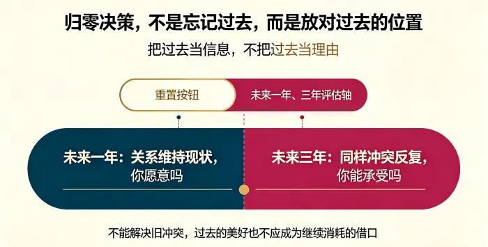 **归零决策与未来导向评估信息图** 用重置按钮和时间轴说明归零决策不是忘记过去,而是通过未来一年、三年评估判断旧冲突能否被解决,避免继续消耗。