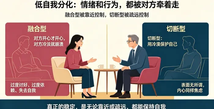 **低自我分化两种表现咨询场景图** 呈现亚裔女性委托方与顾问对照融合型和切断型状态,说明两者都被对方状态控制,真正的自我分化是无论对方靠近或疏远都能保持稳定。
