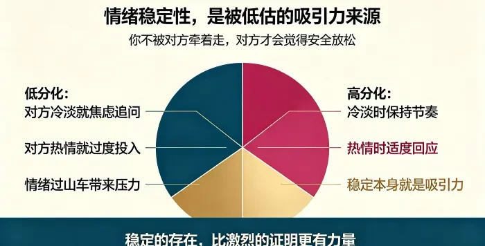 **情绪稳定性影响吸引力信息图** 用情绪稳定度与关系安全感对照说明,低分化带来情绪过山车,高分化保持稳定节奏,而稳定性本身就是吸引力。