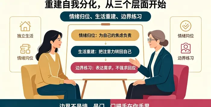 **重建自我分化技术路径咨询场景图** 展示顾问协助亚裔女性从情绪归位、生活重建、边界练习三个层面入手,强调边界是可选择的门,不是隔绝关系的墙。