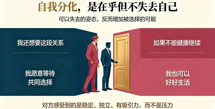 **自我分化不是不在乎信息图** 用人物与门轴意象说明自我分化是在乎但不失去自己,既能表达想要关系,也能接受关系无法健康继续,从而减少压力、增加被选择可能。