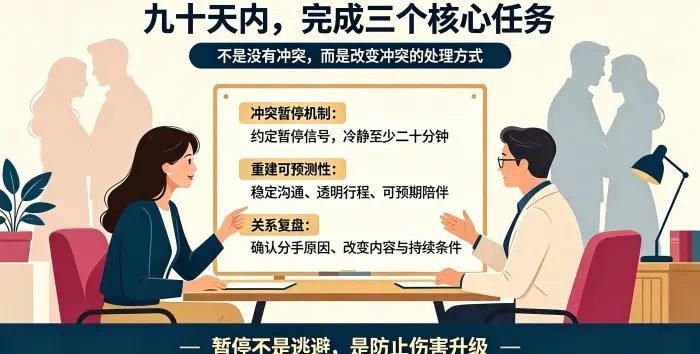 **九十天三个核心任务咨询场景图** 呈现亚裔女性委托方与顾问梳理冲突暂停、重建可预测性、关系复盘三项任务,说明暂停机制是为了防止冲突升级为伤害。