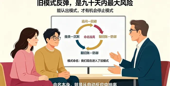 **防止旧模式反弹模式命名咨询场景图** 展示亚裔夫妻在顾问帮助下识别追问 — 回避、指责 — 沉默等旧模式,说明命名冲突模式能帮助双方从自动反应中抽离。
