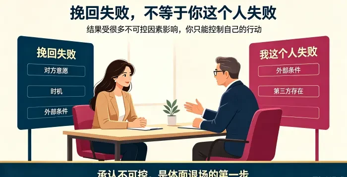 **承认失败不等于自我失败咨询场景图** 呈现亚裔女性委托方与顾问分离 “挽回失败” 和 “我这个人失败”,说明结果受对方意愿、时机、外部条件等不可控因素影响,能控制的只有自身行动。