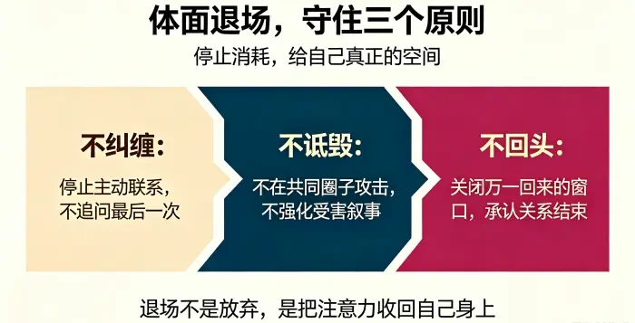 **体面退场三原则信息图** 用三条路径说明退场后应停止主动联系、不在共同圈子诋毁对方、关闭万一回来的幻想窗口,减少自我消耗。