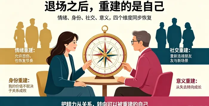 **自我重建四个维度咨询场景图** 展示顾问协助亚裔女性从情绪、身份、社交、意义四个维度重建生活,强调把精力从无法挽回的关系转向可重建的自己。