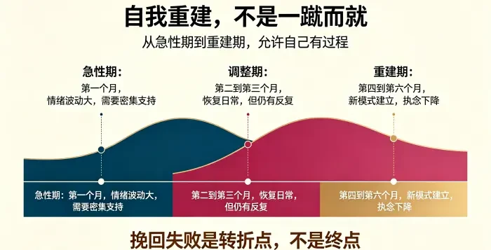**退场后自我重建时间线信息图** 用三阶段曲线说明急性期、调整期、重建期的情绪变化,强调恢复需要过程,挽回失败是转折点而非终点。