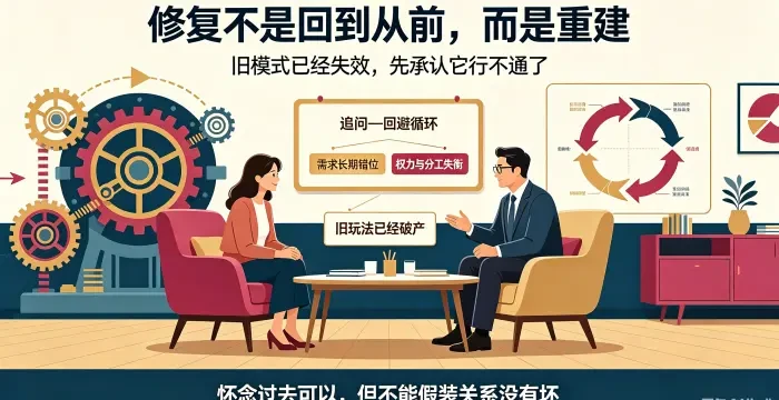 **旧模式已经破产婚姻咨询场景图** 呈现一对亚裔夫妻在顾问帮助下看见追问 — 回避循环、需求错位、权力与分工失衡,说明修复的第一步是共同承认旧互动模式已经行不通。