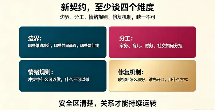 **新关系契约四个维度信息图** 用四象限说明新契约应覆盖边界、分工、情绪规则和修复机制,强调安全区清楚、冲突流程明确,关系才能持续运转。