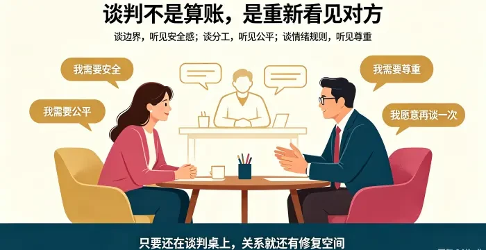 **婚姻谈判重新看见对方咨询场景图** 展示亚裔夫妻在顾问引导下倾听彼此对安全感、公平和尊重的需求,说明谈判不是证明对错,而是让关系仍有修复空间。