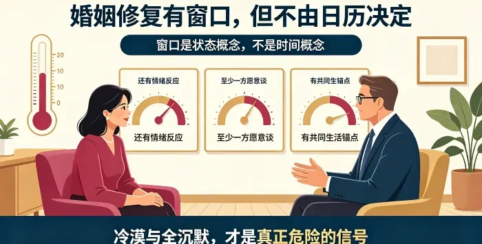 **婚姻修复黄金窗口状态指标咨询场景图** 呈现亚裔女性委托方与顾问评估情绪反应、沟通意愿、共同生活锚点三项指标,说明真正危险的不是时间流逝,而是冷漠与全沉默。