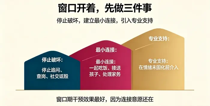 **窗口期内三个动作信息图** 用三步阶梯说明窗口开启时应先停止追问、查岗和诋毁,再建立日常最小连接,并在情绪未固化前引入专业支持。