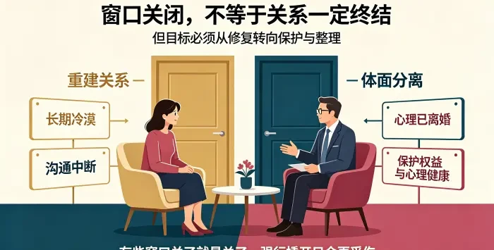 **窗口关闭后目标调整咨询场景图** 展示亚裔女性委托方与顾问讨论重建关系与体面分离两种方向,说明长期冷漠、沟通中断或心理离婚时,保护权益和心理健康比强行修复更紧迫。