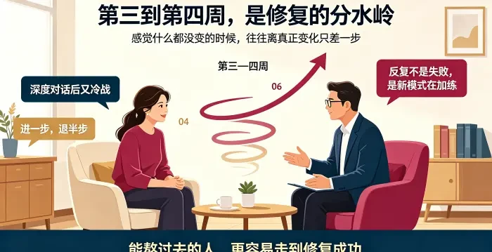 **婚姻修复第三四周分水岭咨询场景图** 呈现亚裔女性委托方与顾问沟通关系停滞感,结合第三到第四周时间标记和螺旋曲线,说明反复期是修复分水岭,坚持者更易走向成功。