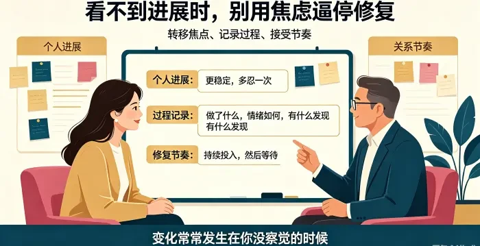**容忍没进展三个技术咨询场景图** 展示顾问协助亚裔女性把焦点从关系进展转向个人进展、建立过程记录、接受修复节奏,说明变化常发生在未被察觉的坚持中。