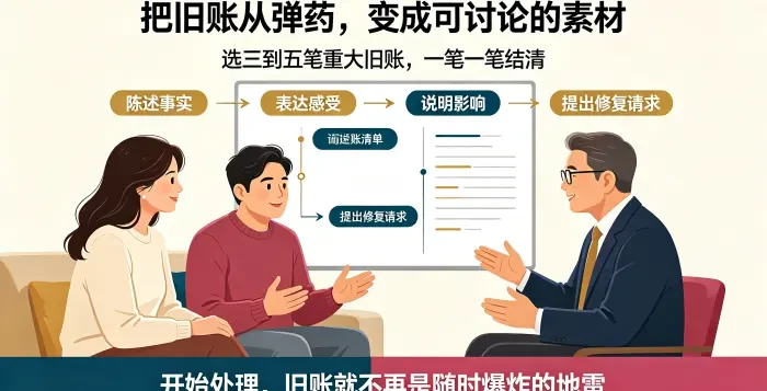 **旧账清理四步技术路径咨询场景图** 展示亚裔夫妻在顾问引导下按陈述事实、表达感受、说明影响、提出修复请求处理重大旧账,说明旧账开始被处理后,就不再是随时爆炸的地雷。