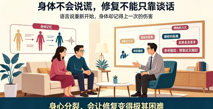 **身体记忆比语言记忆更顽固咨询场景图** 呈现一对亚裔夫妻在顾问帮助下理解身体尴尬,说明曾经的伤害会被身体编码,语言和解不等于身体安全已恢复。