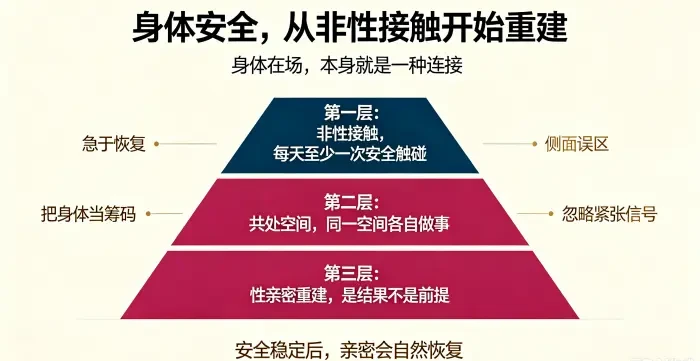 **重建身体安全三个层次信息图** 用三层阶梯说明身体安全应从非性接触、共处空间开始,性亲密重建是结果而非前提,并提示急于恢复、身体筹码、忽略信号三类误区。