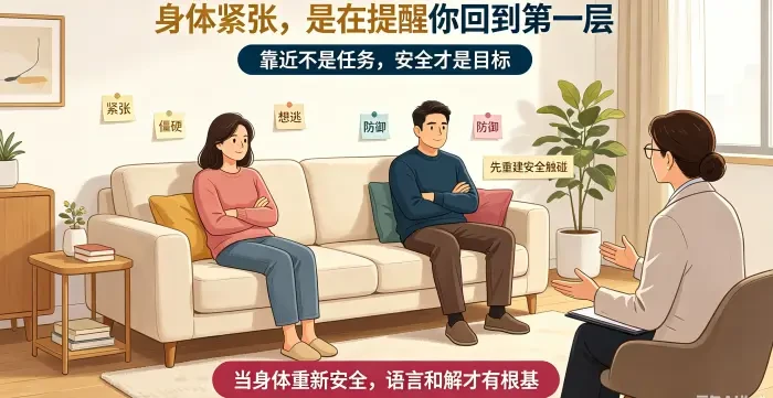 **身体修复预警信号互动场景图** 展示亚裔夫妻在沙发上保持距离、身体僵硬,顾问引导他们先关注安全触碰,说明身体紧张时应回到第一层重建安全感。