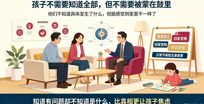 **孩子比成人更敏感家庭咨询场景图** 呈现一对亚裔夫妻与顾问沟通,孩子在旁画画,说明孩子虽未必清楚父母冲突细节,却能感知家庭氛围变化,稳定的日常节奏比隐瞒更重要。