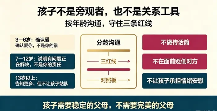 **婚姻修复期间孩子沟通原则与三条红线信息图** 用分龄沟通与禁忌对照说明,学龄前需确认爱与归属,学龄期需说明问题正在解决,青少年可适当告知但不要求站队;同时不传话筒、不贬低对方、不让孩子承担情绪安慰。