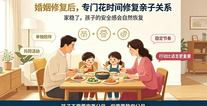 **婚姻修复后亲子关系恢复家庭场景图** 展示亚裔夫妻与孩子一起做晚餐、整理餐桌,说明婚姻修复后应通过单独陪伴、共同活动和稳定节奏,让孩子在行动中重新获得安全感。