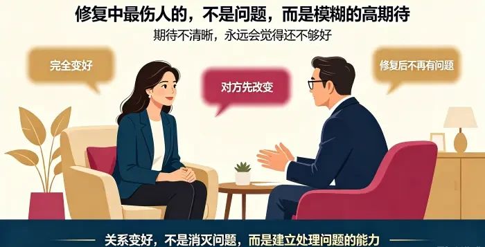 1. **三种不合理婚姻修复期待咨询场景图** 呈现亚裔女性委托方与顾问梳理 “完全变好”“对方先改变”“修复后不再有问题” 三类模糊高期待,说明修复目标应是建立处理问题的能力,而非消灭所有问题。 2.