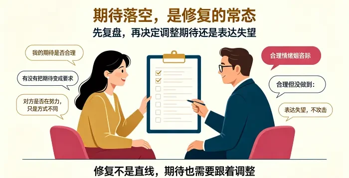 **期待落空复盘咨询场景图** 展示顾问协助亚裔女性复盘期待合理性,说明期待落空时应判断是否合理、是否变成要求、对方是否在用不同方式努力,并表达失望而非攻击。