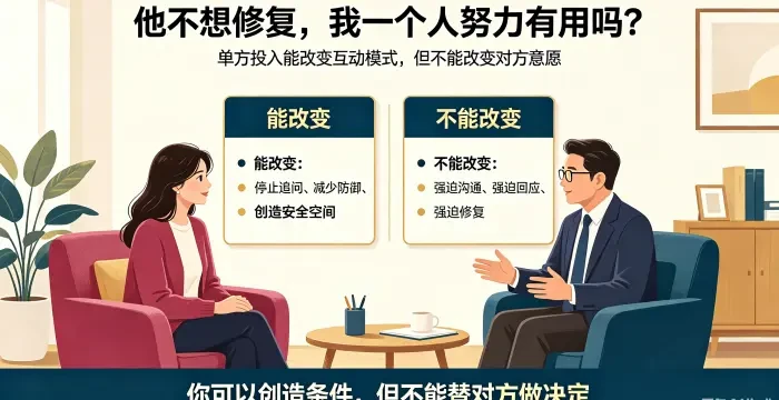**单方投入边界咨询场景图** 呈现亚裔女性委托方与顾问讨论单方投入的边界,说明单方投入可以改变互动模式、创造安全空间,但不能强迫对方参与修复或改变对方意愿。