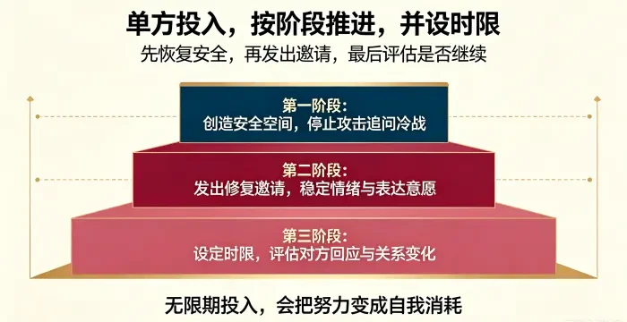 **单方投入三个阶段信息图** 用三阶段阶梯说明单方投入应先创造安全空间,再发出修复邀请,最后设定时限评估回应,避免无限期消耗。