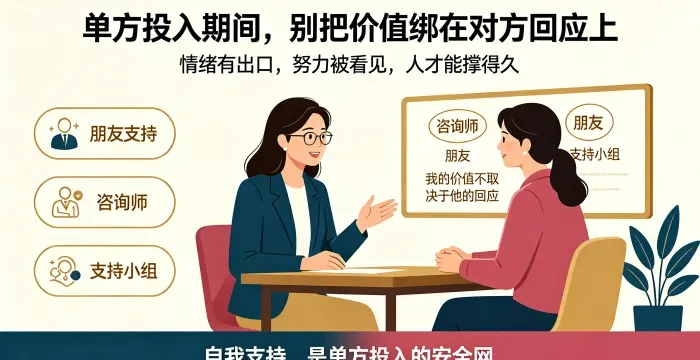 **单方投入自我支持系统咨询场景图** 展示顾问协助亚裔女性建立咨询师、朋友、支持小组构成的安全网,说明自我价值不应绑定对方回应,情绪出口是持续投入的保障。