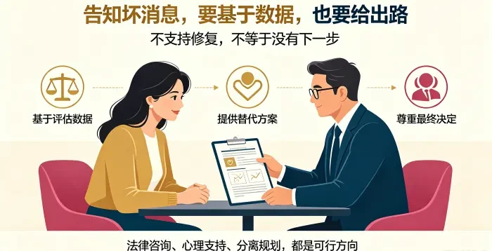 **替代方案与告知原则咨询场景图** 展示顾问协助亚裔女性理解替代路径,说明告知不建议修复应基于评估数据、提供具体方案并尊重委托方最终决定。