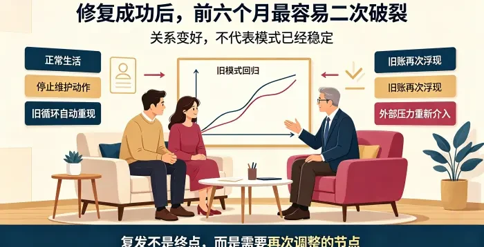 **修复成功后复发高危期咨询场景图** 呈现一对亚裔夫妻在顾问帮助下识别停止维护、旧循环重现、旧账浮现、外部压力介入四类高危信号,说明关系变好不等于模式已经稳定。
