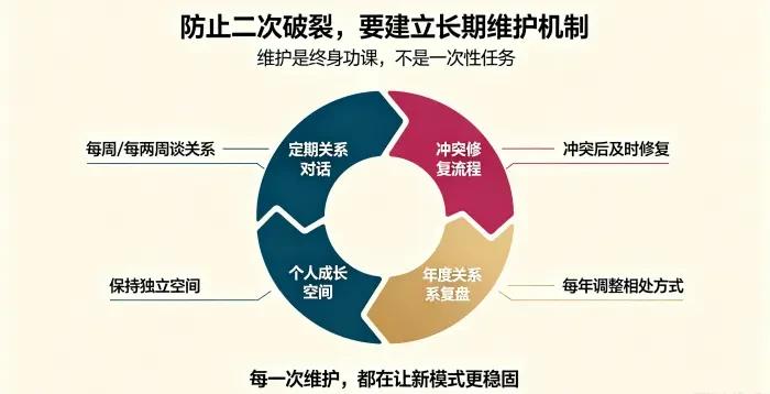 **长期维护四个机制信息图** 用关系维护飞轮说明防止二次破裂需要定期关系对话、冲突修复流程、个人成长空间和年度关系复盘,强调维护是终身功课。