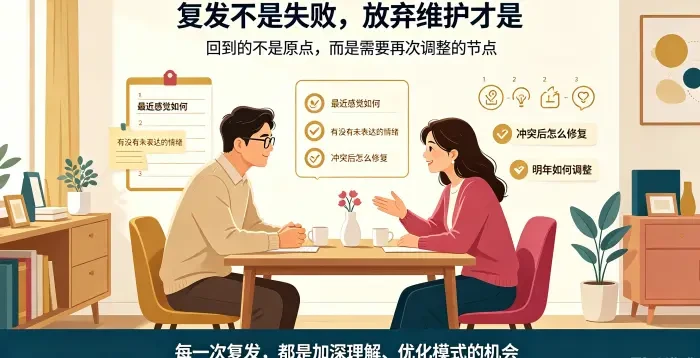 **复发后重启维护机制互动场景图** 展示一对亚裔夫妻在居家餐桌旁沟通关系状态,说明复发不是失败,而是需要再次调整节点,每一次维护都在让新模式更稳固。