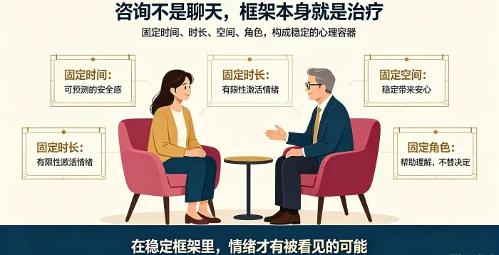 **心理咨询框架本身就是治疗场景图** 呈现亚裔女性来访者在规范咨询室中与咨询师沟通,说明固定时间、时长、空间和角色构成稳定心理容器,框架本身具有治疗意义。
